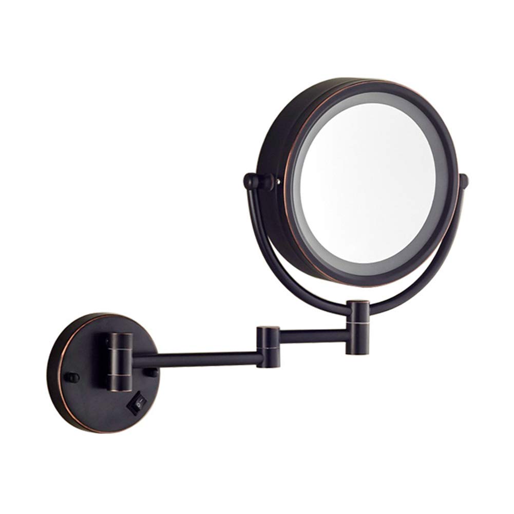 Espejo de maquillaje Montaje en pared, giratorio de 360° Extensible Aumento de 3X Espejo de baño de doble cara Espejo de afeitar de forma redonda plegable con luz LED, trefilado de alambre d