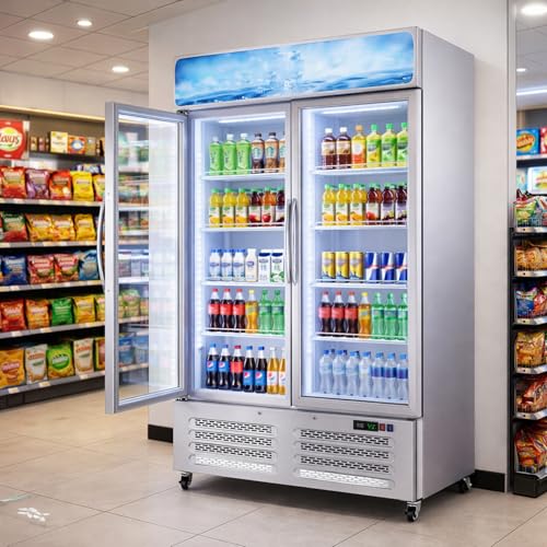 Image of Commercial Display Refrigerator, 26 Cu.Ft Beverage Cooler with Glass Door, LED Lighting, 8 Shelves, Merchandiser Fridge for Restaurant, Bar, Cafe, Convenience Store