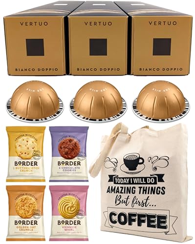Coffee Pod Multipack for Nespresso Vertuo Machine - Bianco Doppio Coffee Capsules - 3 Boxes (30 Pods) with Border Biscuits and Reusable Tote Bag