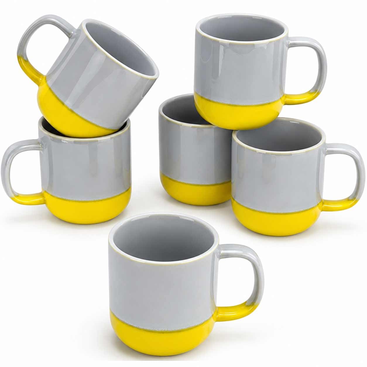 Coffee Mugs Set of 6, 15 oz Large Ceramic Tea Cups with Big Handle & Broad Base, Artisanal Kiln-Transformed Glaze Two-Tone Design, Heavy Duty Solid Cups for Latte, Cocoa, Builder's Tea, Grey & Yellow
