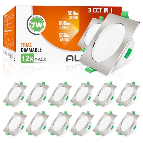 ALUSSO Faretti LED da Incasso per Cartongesso Dimmerabili, Ultrasottili 7W IP44 3000K 4000K 6500K Faretti LED Soffitto, AC 220-240V, Diametro Foro Ø67-75mm, Quadrato Nichel Spazzolato, Set di 12