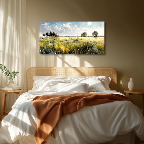 SERIMINO Spring Canvas Wall Art, Nature Landscape Rustic Home Decor Large Artwork, Green Grassland Wildflower Art Prints, Rural Paintings Wall Decor Living Room Bedroom Dining Room 24X48 Inch