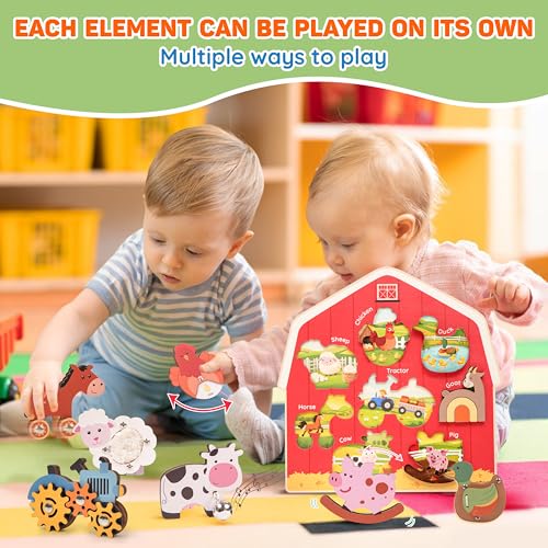 Image of KALOTOYS Wooden Farm Animal Puzzle for Toddlers 1-3 - 8 Piece Montessori Sound & Sensory Puzzle with Textures & Spinning Tractor Gears - Fine Motor Learning Toy & Autism-Friendly Baby Gift
