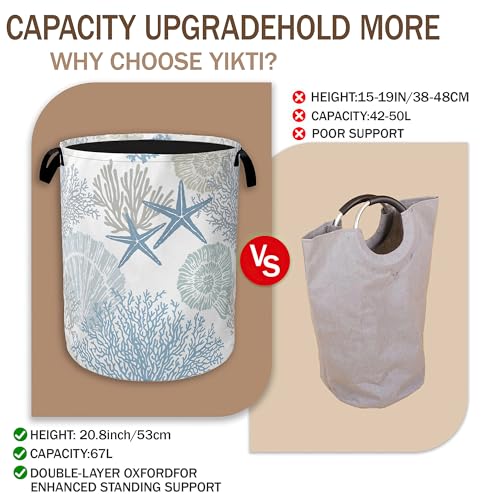 Image of Collapsible Laundry Basket,Coastal Beach Dirty Clothes Hamper,Watercolor Shell Starfish Coral Hampers for Bedroom Waterproof Oxford Cloth Storage Organizer for Bathroom,Nursery,Dorm,16x20 Inch