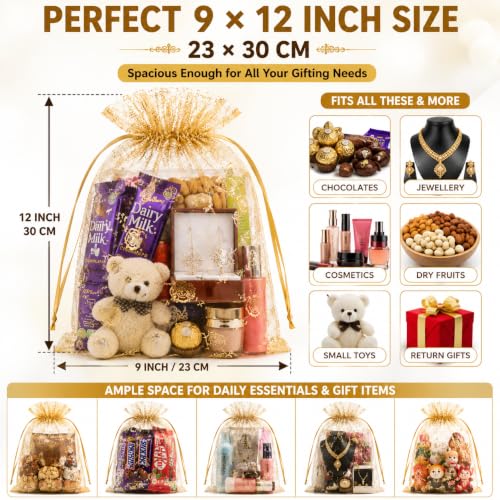 Image of XCLUSY 20PCS (23X30CM)(9x12 inchINCH) Potli Bags for Gifting Big Size - Multipurpose Wedding Return Gift Bags | Party Favour, Birthday, Anniversary, Festive Packing Pouches | Organza, Cloth, Brocade, Fancy Luxury Goodie Bags (9x12 Inch GOLDEN, 1 Count(Pack of 20))