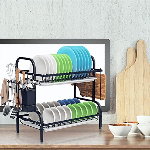 AYIYUN 2 Tier Dish Drying Rack, Stainless Steel Kitchen Dish Drainer Rack Draining Board with Removable Drip Tray, Anti-slip Foot Cover, Rust-Proof Dish Drainer with Utensil Holder(Black)