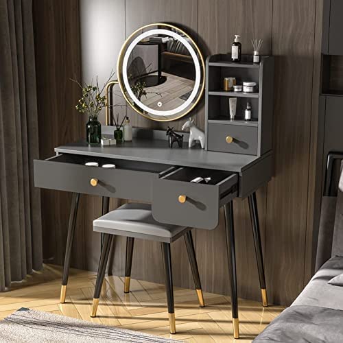 Vanity Desk,Make Vanity Set With Touch Screen Dimming Mirror, 3 Color Lighting Modes, Dressing Table With 3 Sliding Drawers, Modern Bedroom Makeup Table And Cushioned Stool Set For Women Girls #TOP2