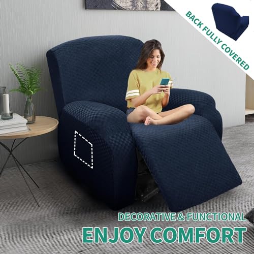Image of YEMYHOM 4 Pieces Oversized Stretch Recliner Slipcover Jacquard Large Recliner Chair Cover with Side Pocket Anti-Slip Fitted Furniture Protector with Elastic Bottom (X-Large Recliner, Navy)
