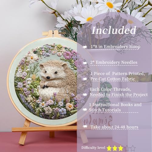 Image of FONNUY Embroidery Kit for Beginners, Cute Hedgehog Stamped Embroidery Patterns Kits for Adults with Hoop, Easy to Follow Sewing Thread Needlework, 8'' Hoop (Adorably Spiky)