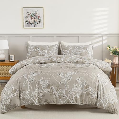 DJY Khaki Double Duvet Cover Floral Bedding Set, Reversible Lightweight Leaves Duvet Cover Sets 3PCS with Zipper Closure (Double, 200x200cm)