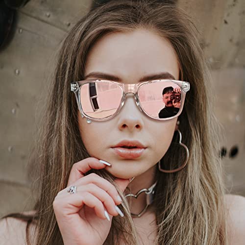 Trendy Square Sunglasses, Retro Designer Oversized Sun Glasses Polarized Uv Protection, Fashion Shades For Women Men Driving Fishing Working Cute Sunnies Shady Rays (Transparent Mirror Pink) #TOP1