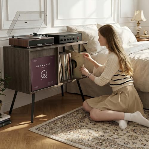 Image of Faesun Flip Top Record Player Stand, Large Turntable Stand Holds up to 150+ Albums, Vintage Mid Century Record Player Table, Stereo Cabinet with Open Storage, for Living Room, Bedroom, Gray