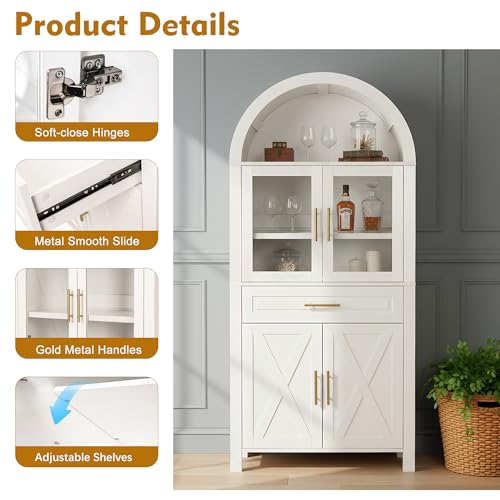Image of 71 inch Tall Arched Kitchen Pantry Cabinet with Glass Door,Farmhouse Modern Wood Arched Cabinetsw /Adjustable Shelves & Drawer, Accent Cabinet with Barn Door for Kitchen, Living & Dining Room, Bathroom