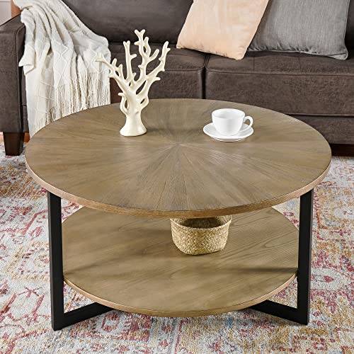 LEEMTORIG 33.5" Round Wood Coffee Table, 2-Tier Circle Round Coffee Table with Storage for Living Room, Mid-Century Modern Style with Texture Surface, Yellowish Brown with Black Metal Legs, KFZ-1338 - Image 8