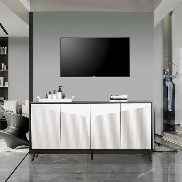 Heera Moti Embossed Sideboard Cabinet,White and Black, MDF Board, for Living Room, Hallway, Office, Soft Close Shutters, Golden Metal Legs (Small)-image-15