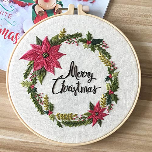 Amiiba Embroidery Starter Kit with Christmas Wreath Pattern, DIY Full Range Stamped Embroidery Cross Stitch Kits for Beginners Adults (Christmas Wreath)