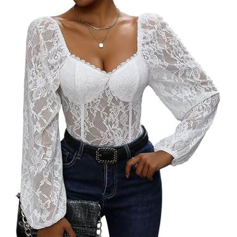 SHEKINI Women's Elegant Lace Long Sleeve Bodysuit Cover