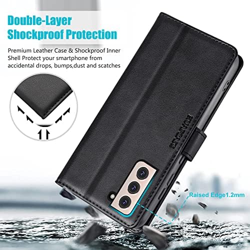 Kuafcase for Samsung S21 Case with 1 Screen Protector, Wallet Leather Flip Case with Card Holder Magnetic Closure Kickstand Shockproof Phone Case for Samsung Galaxy S21 - Black