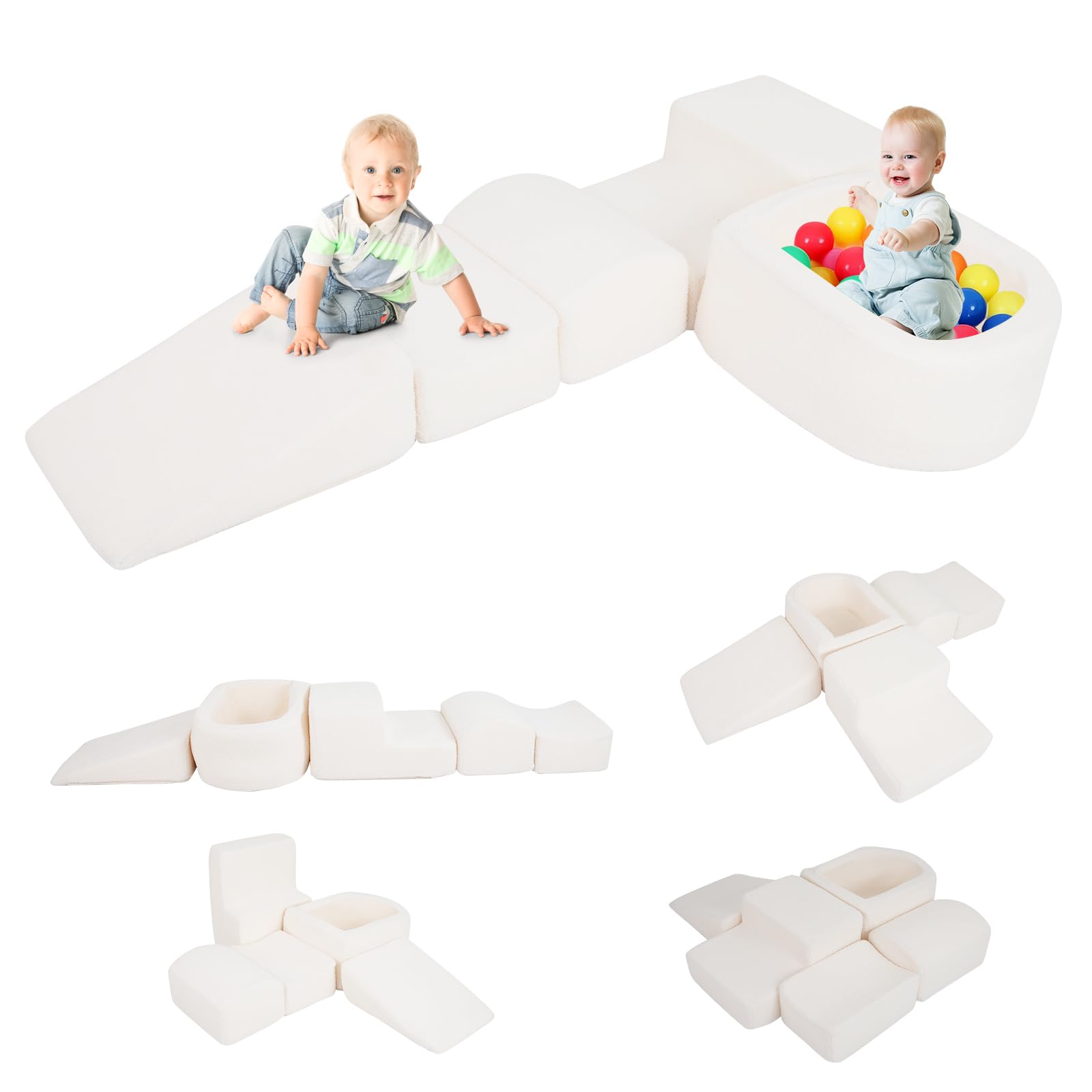 COSTWAY 5-Piece Soft Play Climbing Blocks, Baby Climb and Crawl Playset with Ball Pit, Foam Playground Montessori Toy for Toddlers (Beige Sherpa Fabric) — image 1