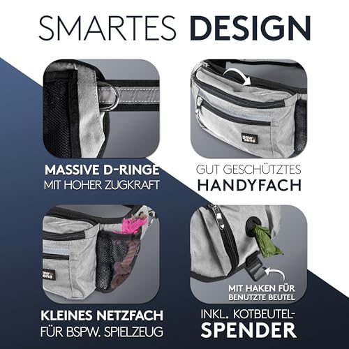 PAWZONE Futterbeutel Hunde - Leckerlibeutel für Hunde - Bauchtasche für Hunde Zubehör - Leckerlitasche für Hunde - Inkl. Reflektorband & Zusatzgurt für Flexileine (Silbergrau)
