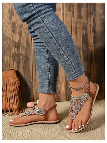 GORGLITTER Women's Rhinestone Boho Summer Western Sandals Glitter Thong Flip Flops Trendy 2025 T-strap Beach Sandals3