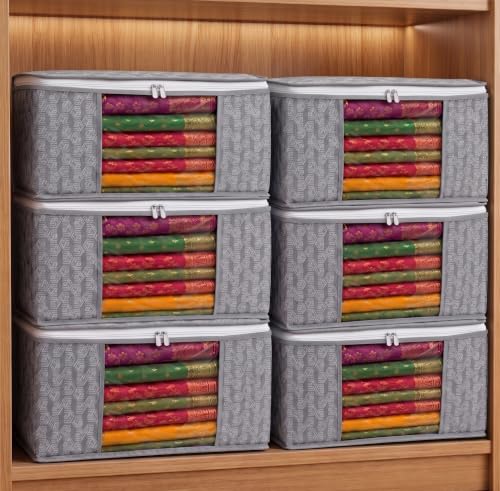 Image of BSB HOME Non-Woven Saree Cover and Clothes Storage Organizer with Transparent Window & Zipper Closure, Foldable Wardrobe Storage Bag for Sarees, Suits and Garments, 45 x 33 x 22 cm (Pack of 6, Grey)