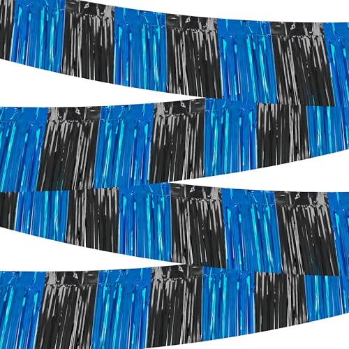 Image of 4 Packs Total 39 Ft Graduation Parade Floats for Trailer Car, Black Royal Blue Foil Fringe Garland Tinsel Streamers Banner Table Skirts for Graduation Homecoming Birthday Party(Black Blue)