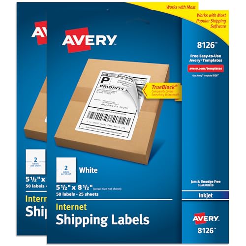 Image of Avery Half-Sheet Printable Shipping Labels, 5.5 inch x 8.5 inch Customizable Stickers, White, 50 per Pack, 100 Blank Mailing Labels Total, Great for Mailing, Shipping, Organizing, and More (2-Pack of 8126)