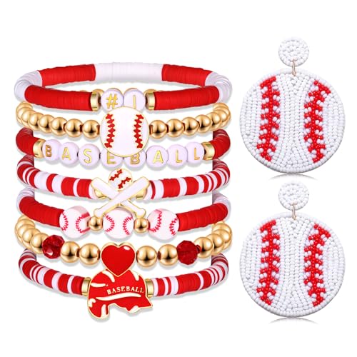 Baseball Bracelets Earrings for Women Stackable Preppy Beaded Heishi Bracelets Beaded Dangle Earrings Game Day Sports Baseball Mom Jewelry Accessories Party Favors
