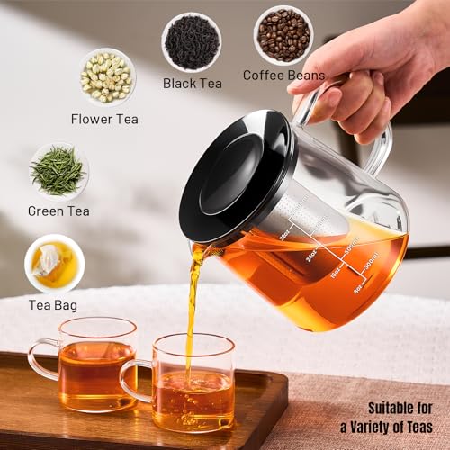 Image of PARACITY Glass Teapot Stovetop 33OZ, Borosilicate Clear Tea Kettle with Removable 18 /8 Stainless Steel Infuser, Teapot Blooming and Loose Leaf Tea Maker Tea Brewer (transparent-scale, 34oz)