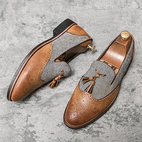 Men's Patchwork Two Tone Slip On Tassel Dress Loafers Fashion Hand Stitched Leather Carving Punched Brogues Oxford Shoes Pointed Toe Low Top Luxury Business Formal Shoes4