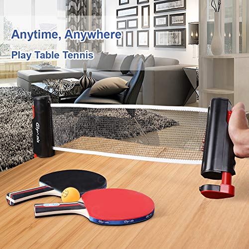 Glymnis Table Tennis Set Ping Pong Paddle Set with Retractable Net, 2 Rackets Paddles and 3 Balls, Carry Bag for Indoor Outdoor Play