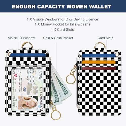 Image of Slim Wallet Credit Card Holder, Black and White Checkered, RFID Wallet Women Cute Small Front Pocket Wallet With Zipper, PU Leather Thin travel RFID Blocking Card Case ID Window ,Ladies Gifts