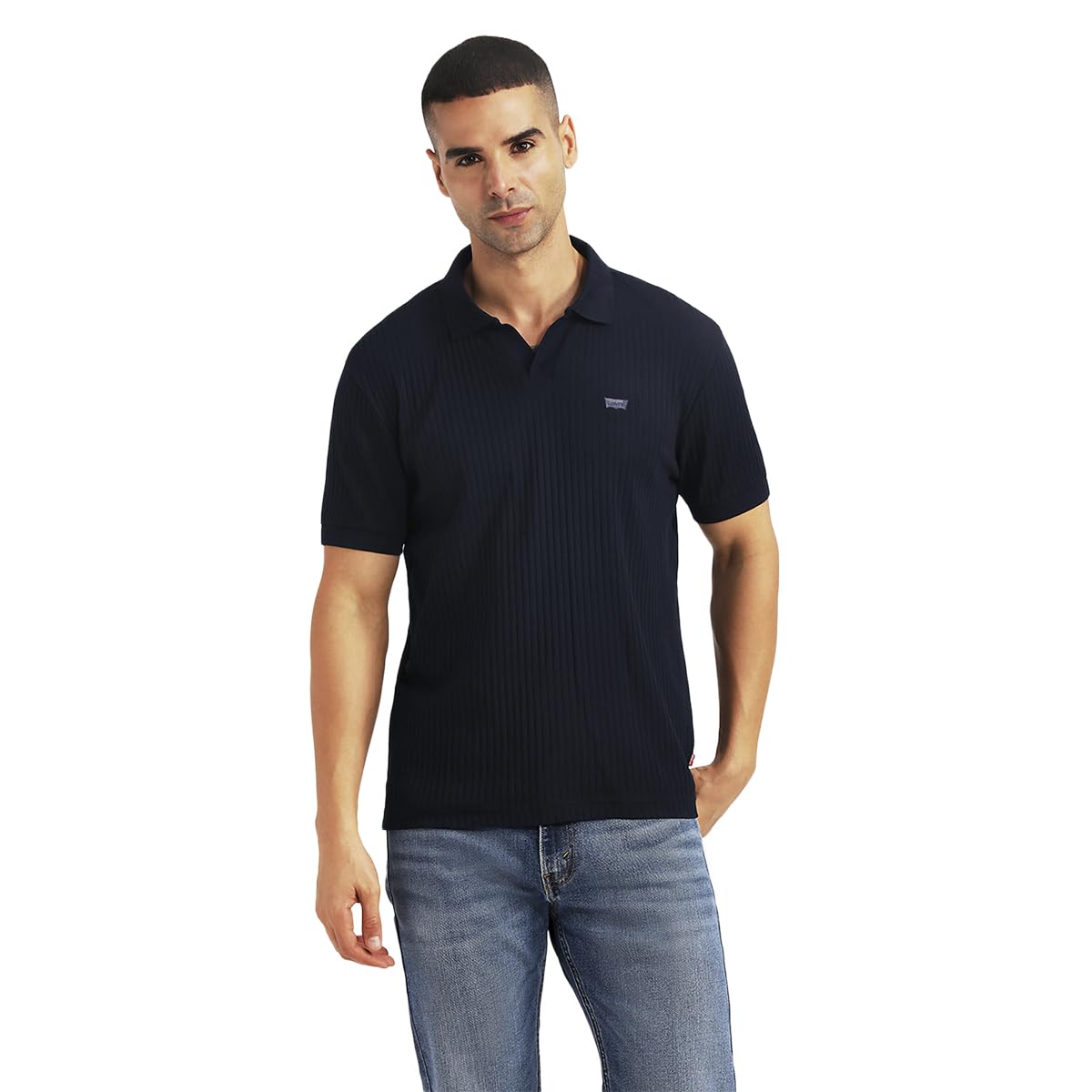 Men's Textured Navy Slim fit Polo t-Shirt-image-2