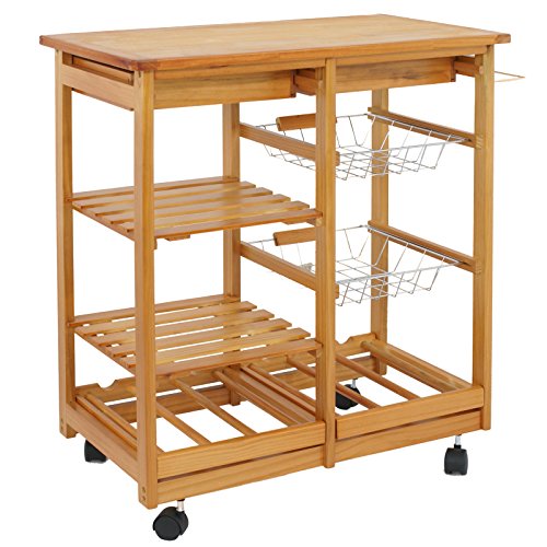 Nova Microdermabrasion Rolling Wood Kitchen Island Storage Trolley Utility Cart Rack w/Storage Drawers/Baskets Dining Stand w/Wheels Countertop (Wood) (Wood Top)