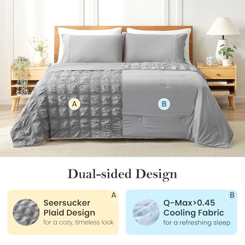 Cozy Bliss Cooling Comforter Queen Size Seersucker Plaid, Q-Max 0.4 Reversible Lightweight Cooling Blanket, Breathable Silk Smooth Summer Bedding Quilt for Hot Sleepers Night Sweats Dark Grey