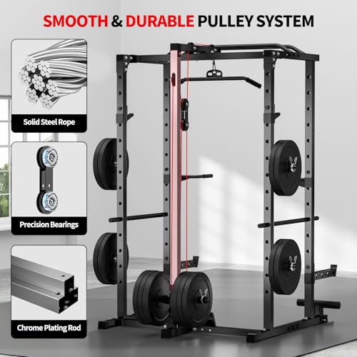Image of JEEKEE Power Rack with LAT Pulldown, 2000LBS Power Cage with Cable System, Multi-Function Squat Rack with J-Hooks, Safety Bars, Landmine, Pull Up Bar & Attachments for Home Gym Strength Training,Black