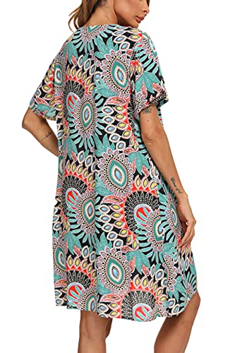 YOZLY House Dress Women Cotton Duster Robe Short Sleeve Housecoat Button Down Nightgown Flower C XX-Large