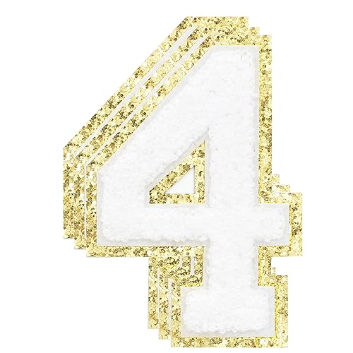 TXSN 3PCS White Chenille Numbers Patch, Large Size 4-1/2" Iron on Number Patches Varsity Glitter Patches for Clothing, 4