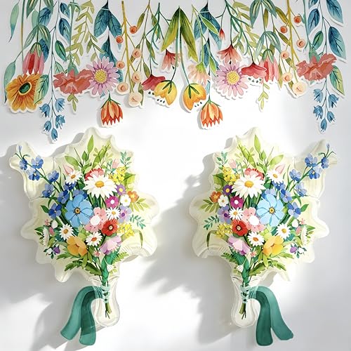 3Pcs Wildflower Bouquet Balloons with Floral Banner/Wildflower Bow Party Decorations for Baby In Bloom Baby Shower Decor/Spring Garden Tea Party, Wedding/Picnic Birthday Wedding Floral Party Decor