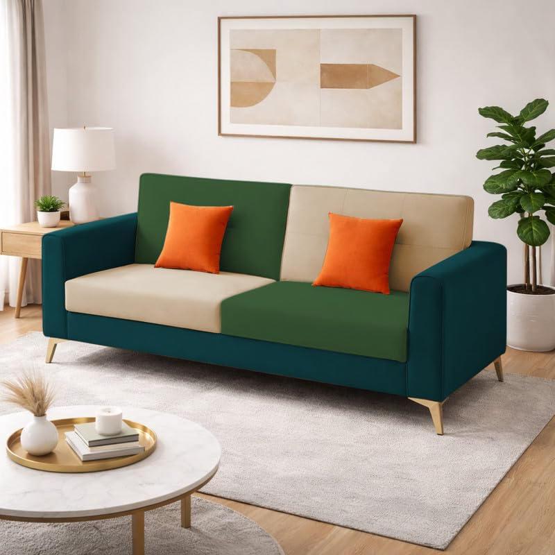 Adorn India Premium Harlem 3 Seater Sofa | Velvet Suede Upholstery | 3-Year Warranty | Ocean Blue, Dark Green & Beige with Gold Legs & Cushion-image-10