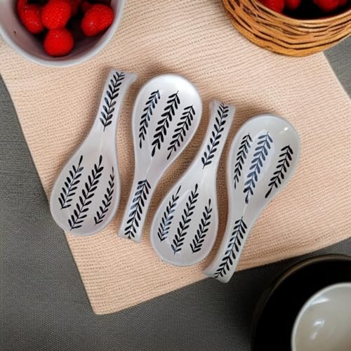 Image of Malaikah Ceramic Spoon Rest Leaf Pack of 4 for Home, Kitchen, Dining, Kitchen Decor & Gifting