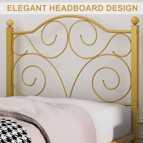 Image of VECELO Twin Size Bed Frame with Headboard and Footboard, Heavy Duty Metal Slat Support, Platform Mattress Foundation, No Box Spring Needed, Easy Assembly, Gold