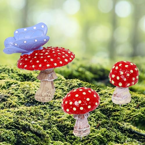 3 Stück Rote Pilzdekoration Den Garten Fliegenpilz Deko Garten Leuchtende Pilze Ornamente Mini Pilzstatue Aus Kunstharz Fliegenpilz Rasen Blumentopf Terrasse Mikro Landschaftsdekor Gartenornamente