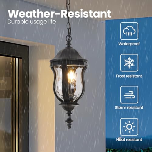 Image of Large Outdoor Pendant Light, 19'' Black Hanging Lantern Porch Light