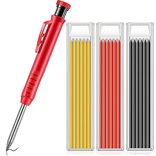 19 Pieces Solid Carpenter Pencil Set Includes 1 Construction Carpenter Marker and 18 Refills in 3 Colors, Deep Hole Mechanical Pencil for Scriber Wood Floor Marking, Architect, Carpenters Drawing
