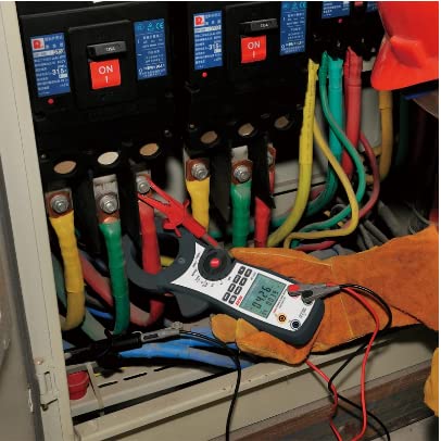 VIHELM DT-3353 TrueRMS Digital Clamp Ammeter Multimeter measuring current in an electrical panel.