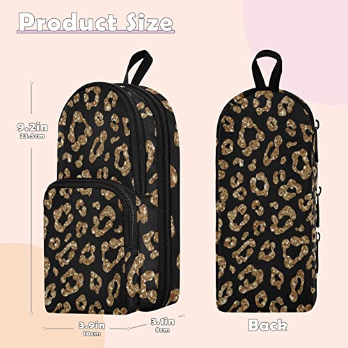 Image of Gold Glitter Leopard Black Pencil Case Big Capacity Pen Bag with Compartment Students Schoolbag Shape Stationery Organizer Pencil Pouch Marker Case for School Office Work