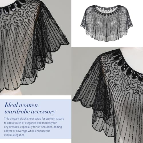 Image of PALAY Lace Shrugs Shawl for Women Stylish Sheer Cape for Women Cover Up Wraps Black Sequin Shawl for Wedding Dress, Off Shoulder Dress, Strapless Dresses