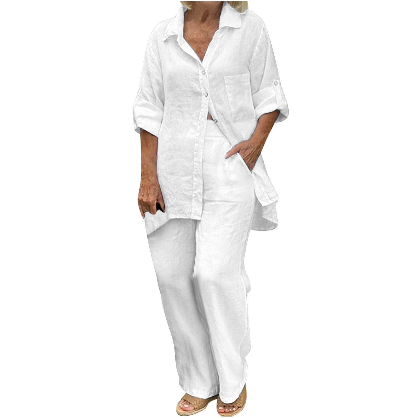 NUSGEAR 2023 Conjunto Dos Piezas Mujer Algodón lino Casual Camisa manga larga y Pantalones otoño Primavera Deportivo Traje Talla grande Suelto Conjunto Moda Cómodo Color sólido Casa Pijama Chandal